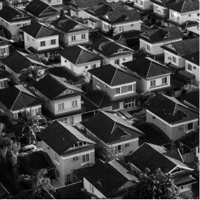 Black and white housing estate from a birds eye view